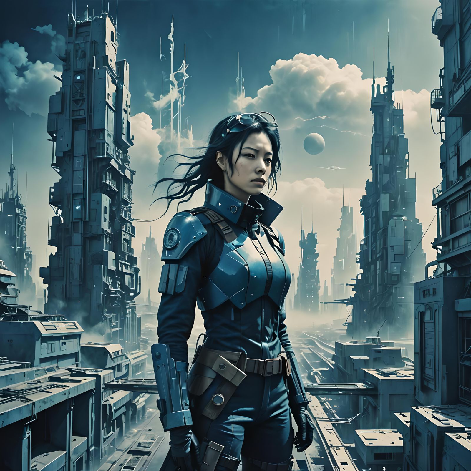 Cyberpunk Girl in Futuristic Metropolis Cyanotype Landscapes