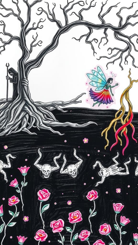 Vibrant Crayon Drawing of a Surreal Underworld