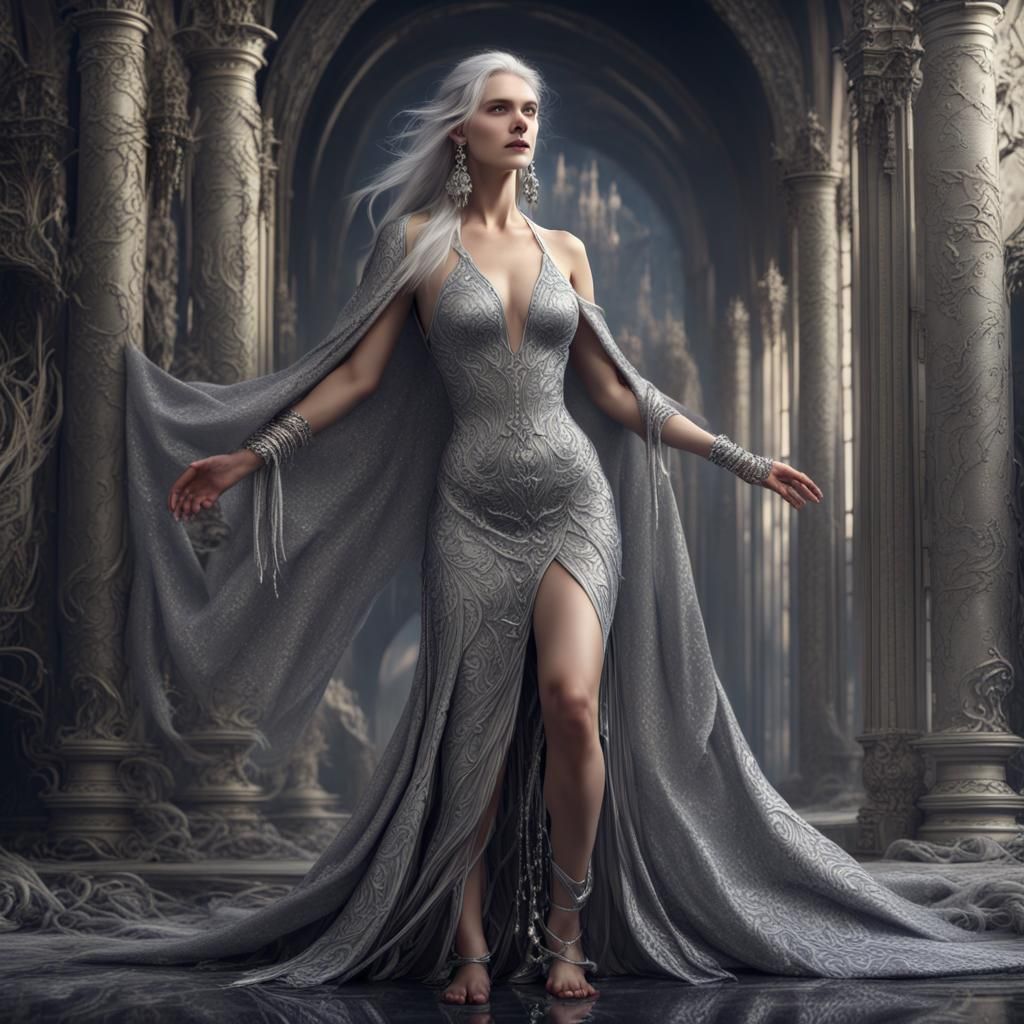 Silver Goddess in Lace Gown: Fantasy Art
