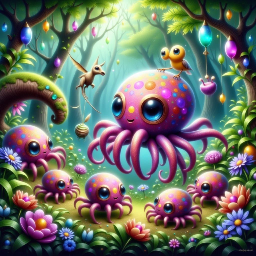 Mystical Arcadia Scene with Spider-Octopi and Prehistoric Cr...