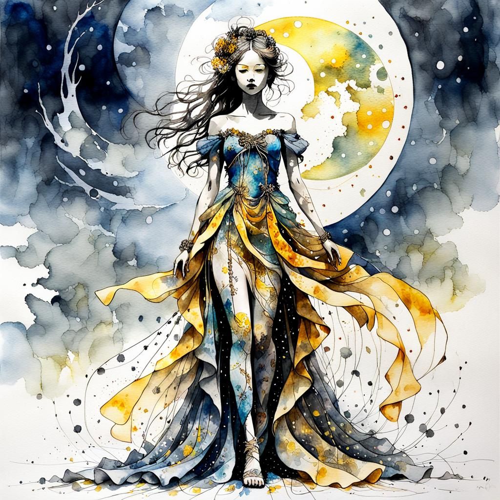 Woman in Bow Dress with Silver Eclipse, Mixed Media on Silk