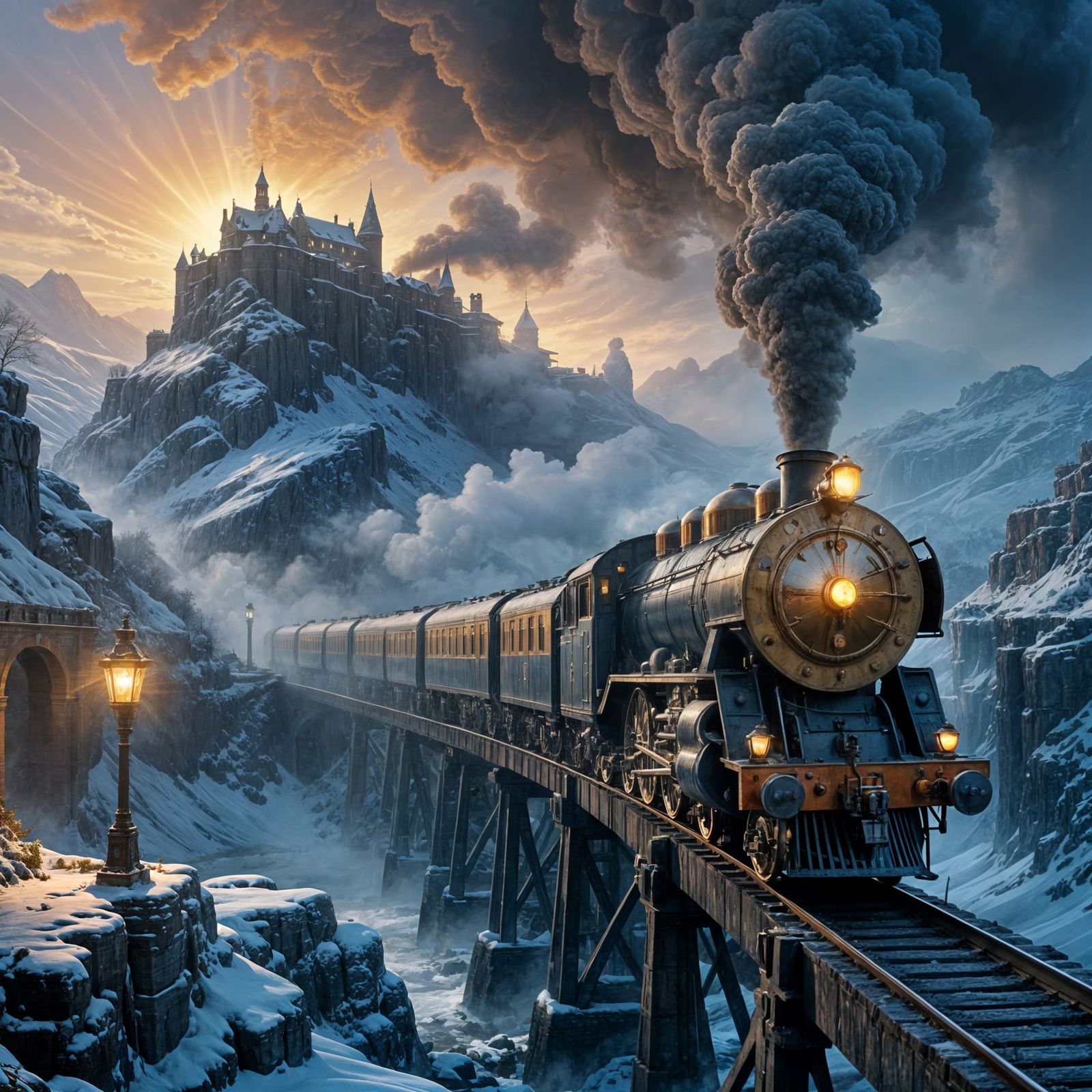 Majestic Steam Train on Icy Bridge in Misty Twilight