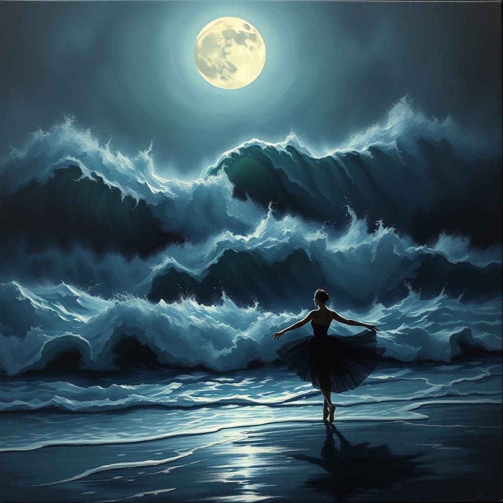 Ethereal Ballerina Dances on Turbulent Seascape in Impressio...