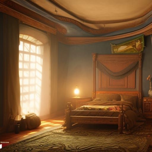 Bedroom with Fireplace: Detailed Fantasy Concept Art