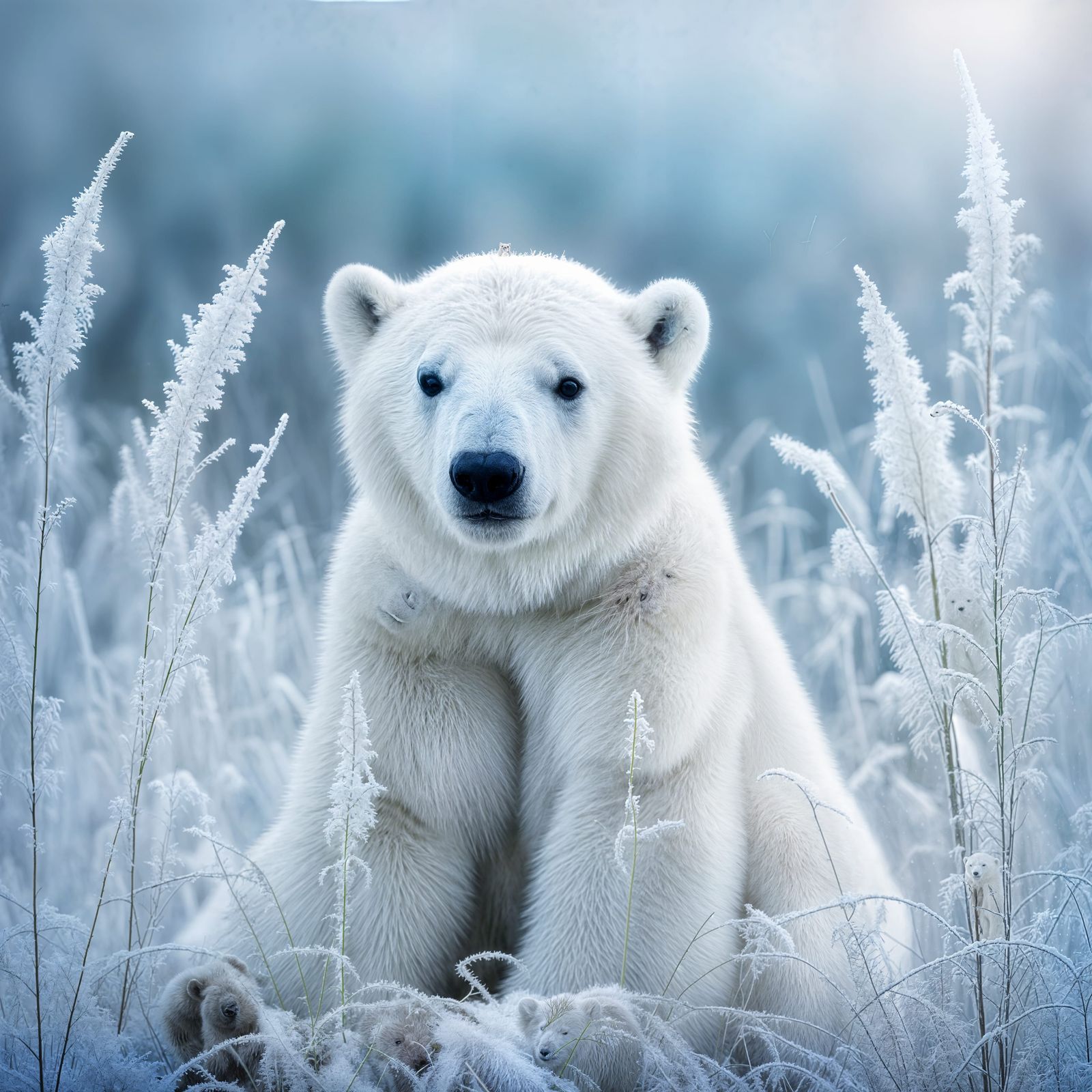 Baby Polar Bear in Frozen Winter Landscape