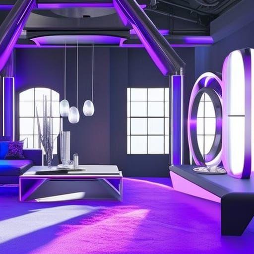 Cyber punk themed loft apartment with purple walls with blue lights mounted to them& huge windows& purple furniture& Blu...