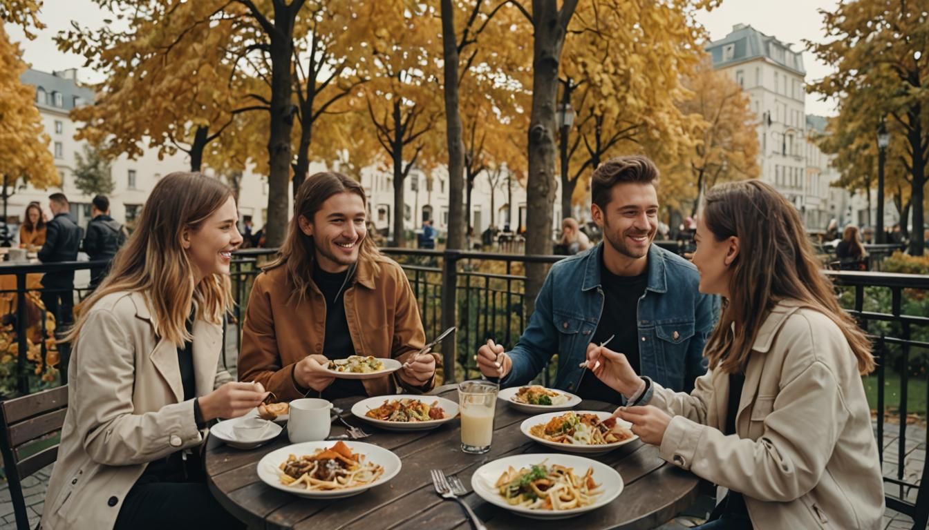 Friends Dining in an Autumn Cityscape