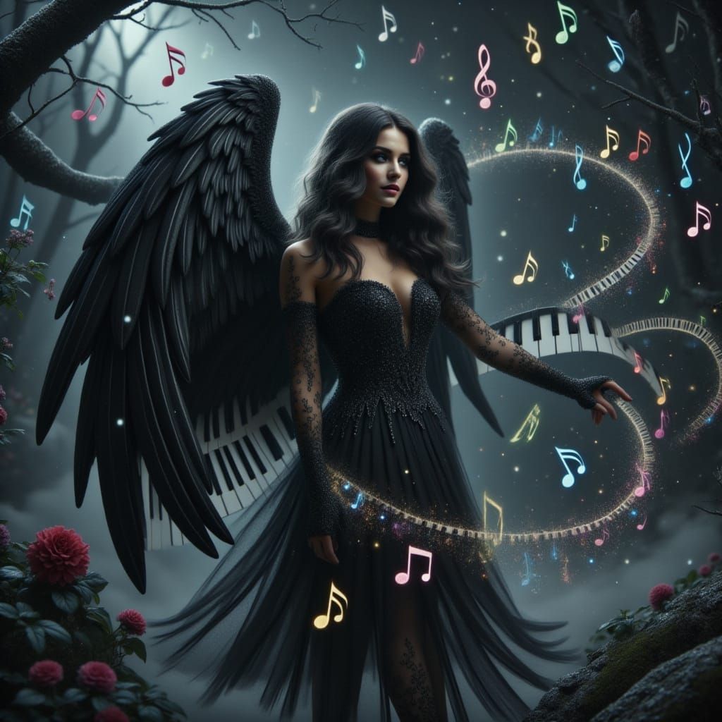 Dark Angel in Piano Key Dress: Gothic Mysticism