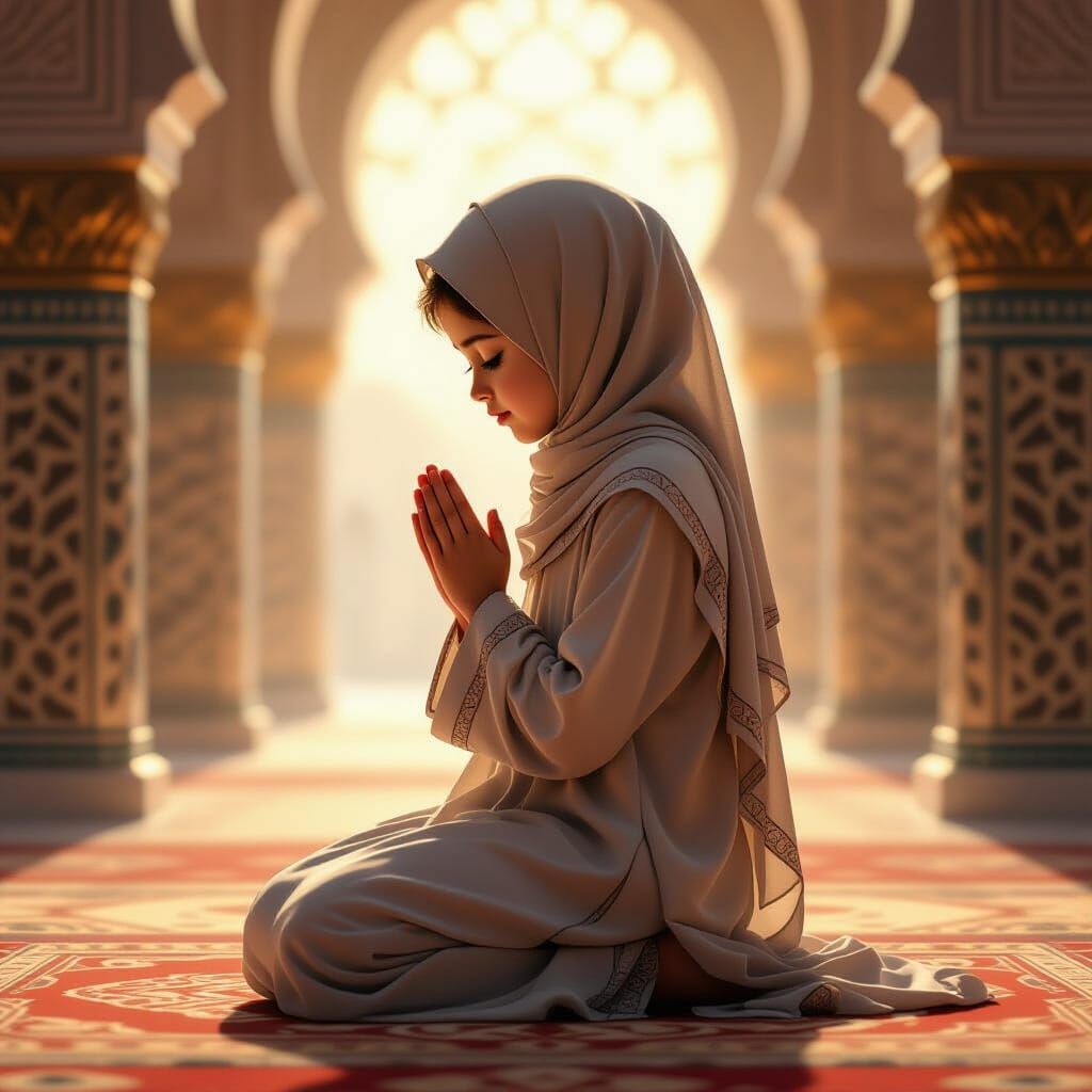 Girl Praying in Abaya with Islamic Art