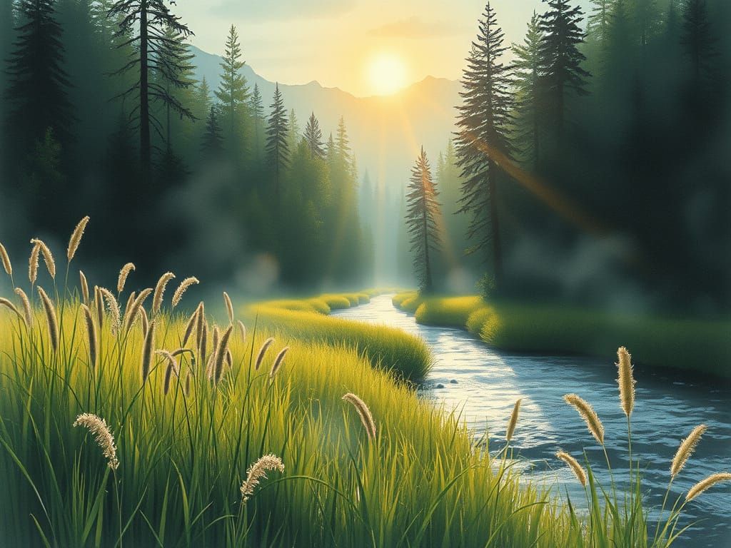 Sunlit Valley Steaming in Dark Forest, Watercolor Style