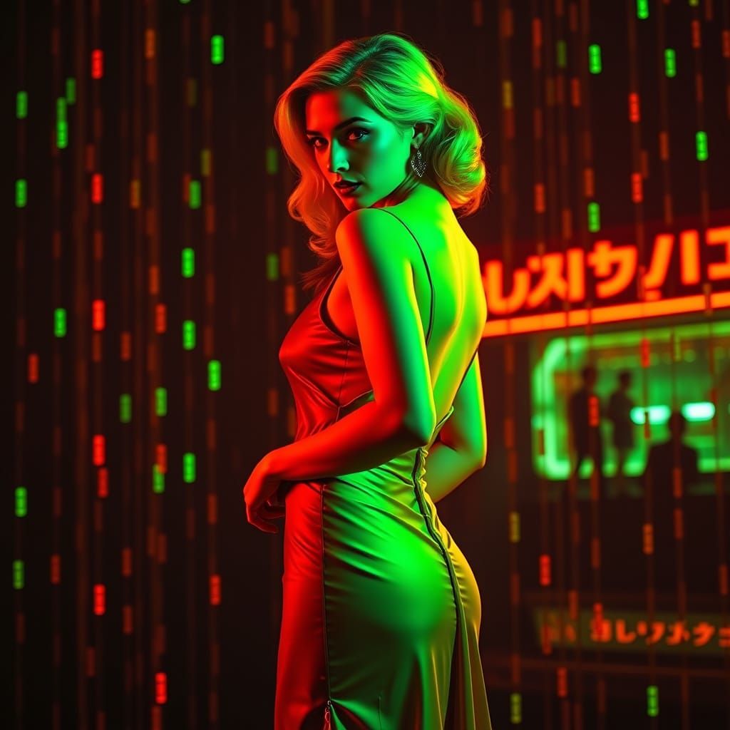 Neon Pin-Up in Matrix Code Fusion