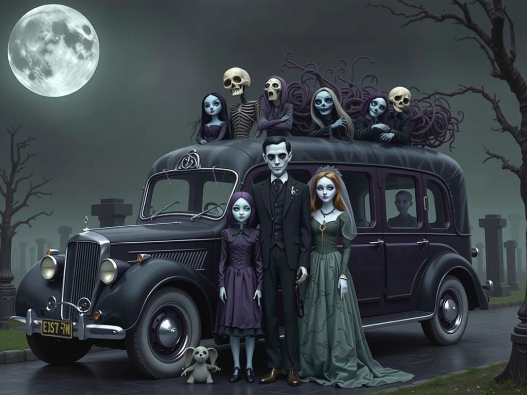 Macabre Family Portrait with Spooky Hearse