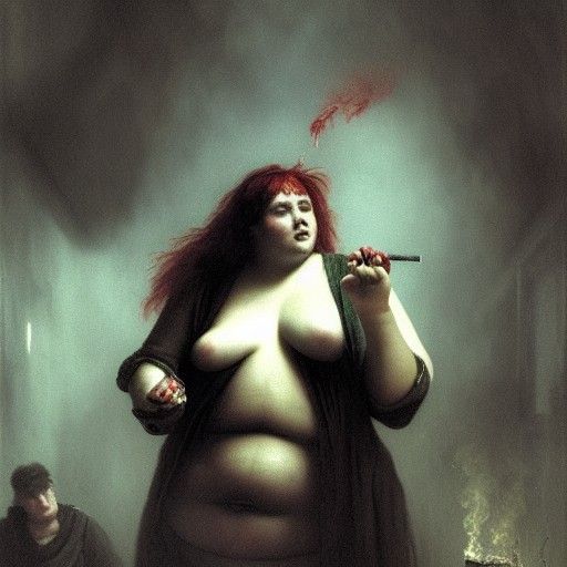 Red-Haired Woman Smoking: Dark Horror Illustration