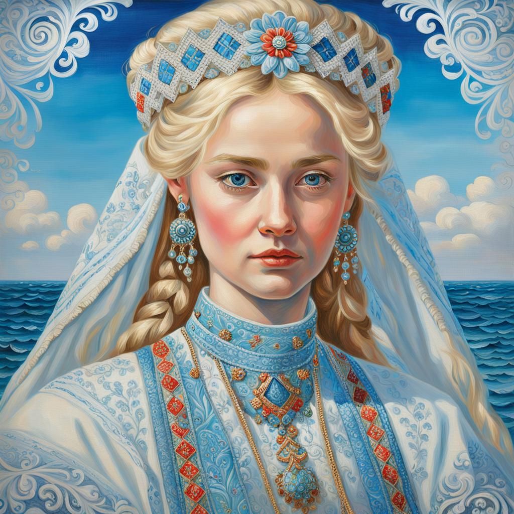 Angelic Russian Girl in Traditional Slavic Dress