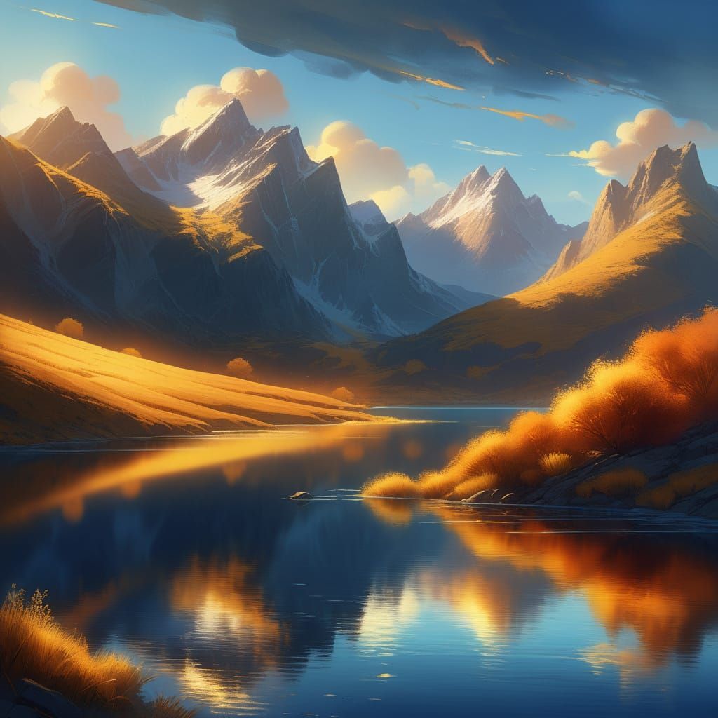 Serene Lake Landscape Digital Matte Painting with Golden Hou...