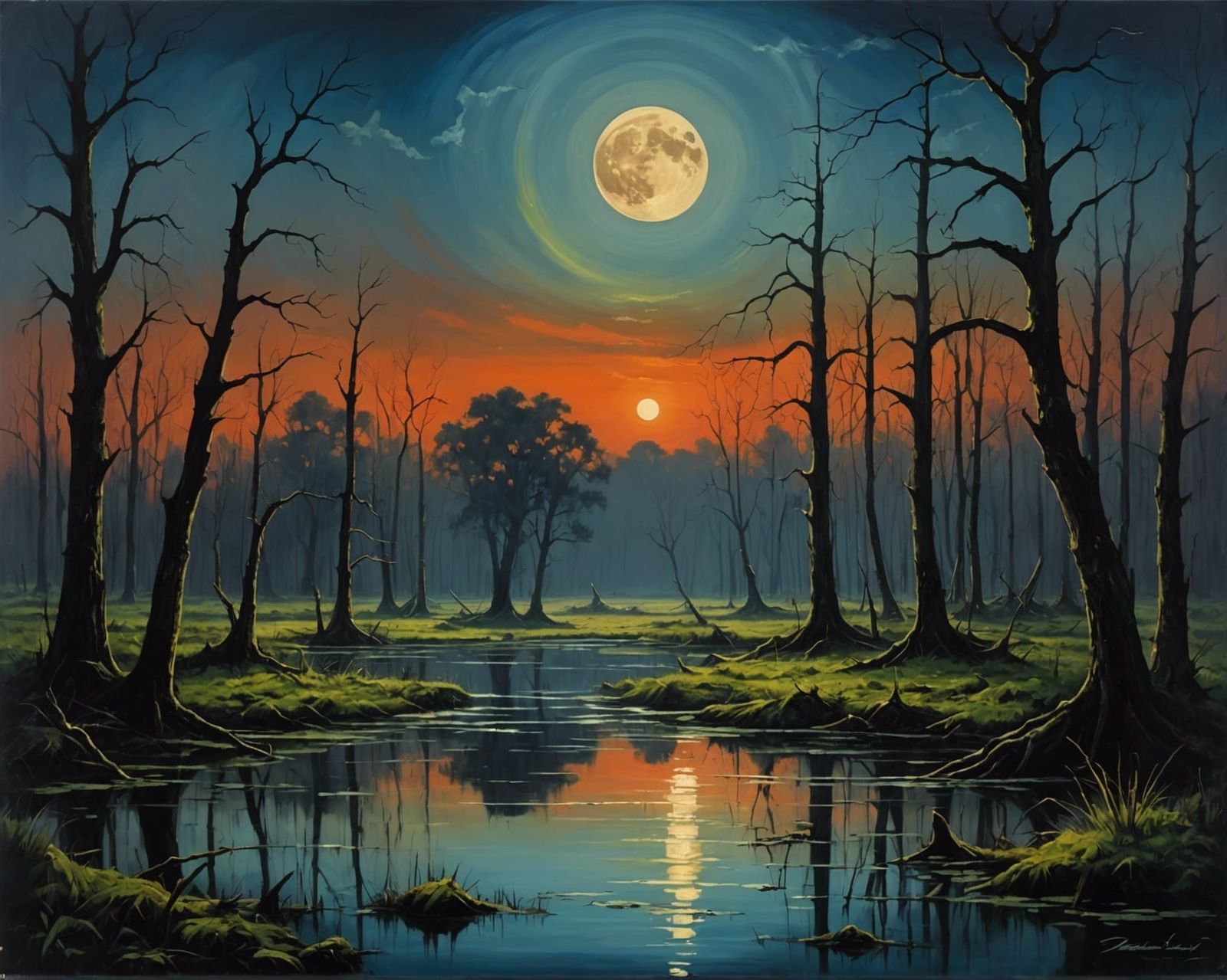 Gloomy Swamp at Night in Epic Oil Painting Style