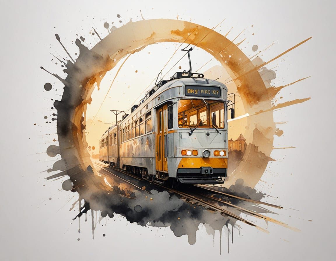 Celestial Tram at Dawn: Watercolour Painting