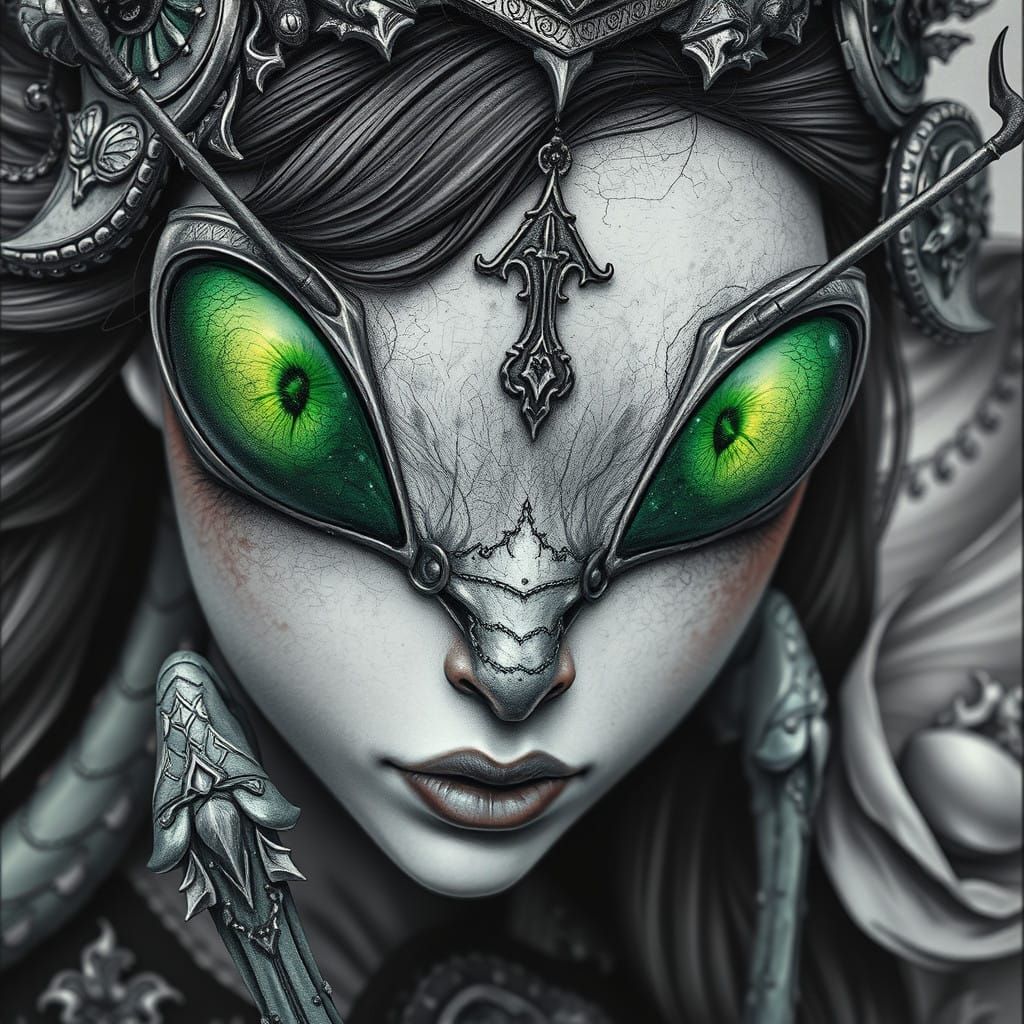Hyperdetailed Charcoal Drawing of a Mantis Princess