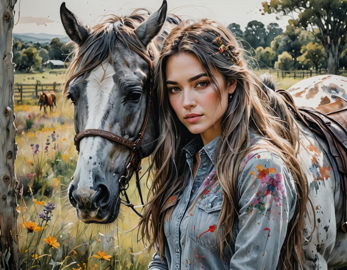 Happy Woman and Horse in Watercolor Wonderland