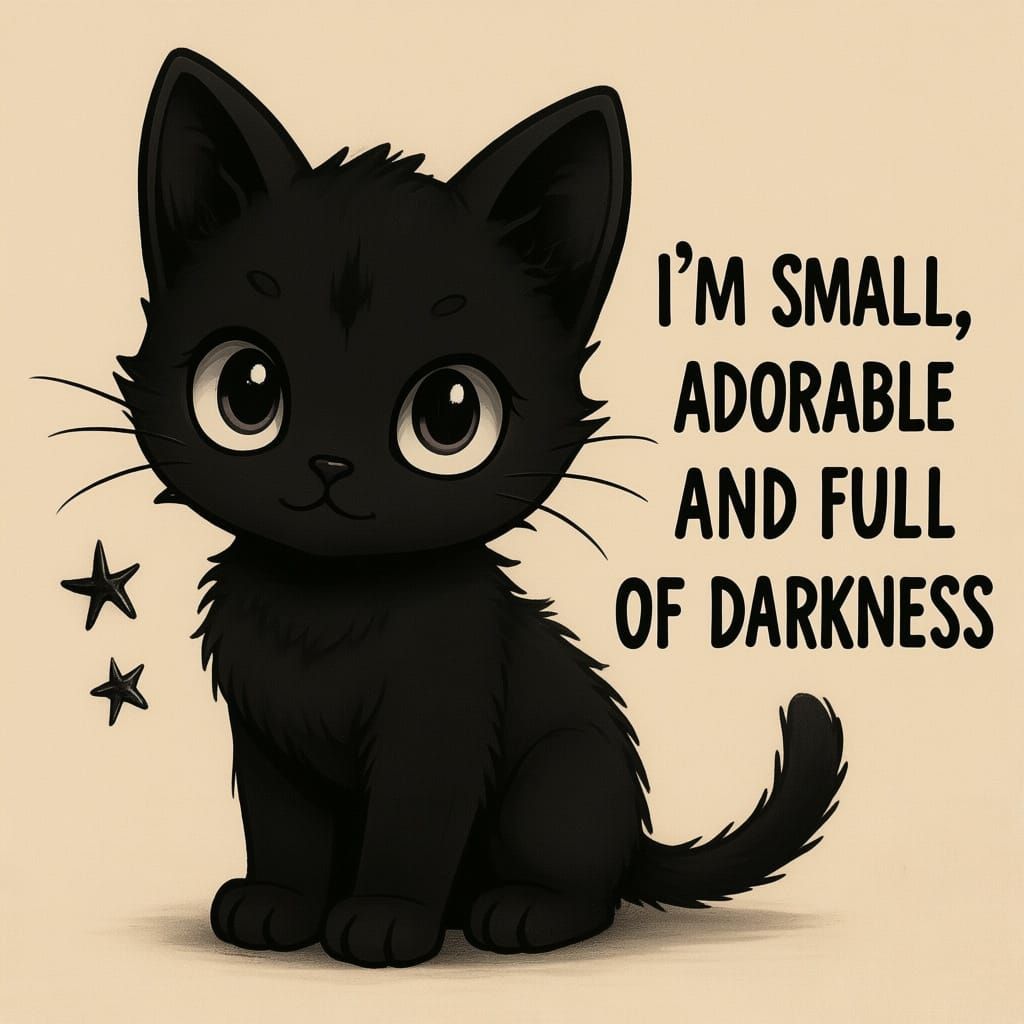 Emo Goth Cartoon: Cute Black Kitten with Dark Text