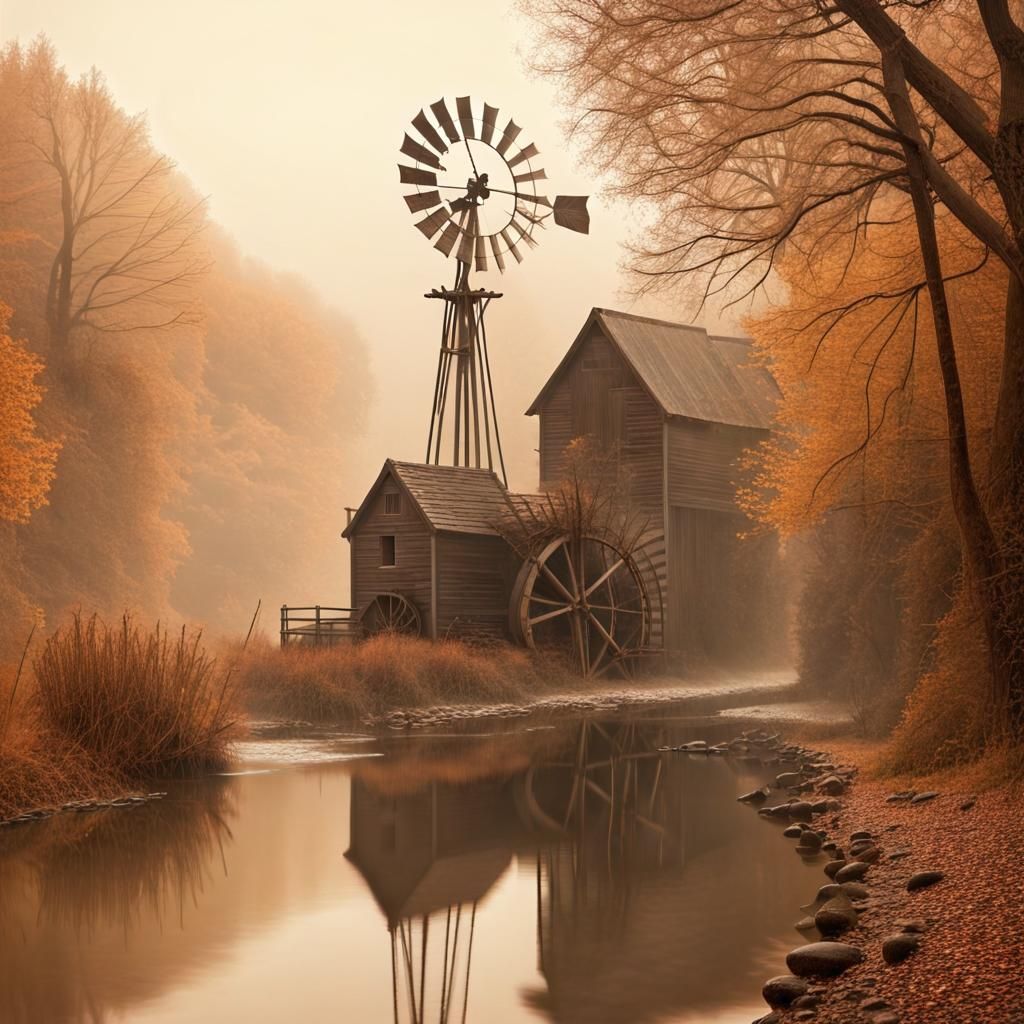 Autumn Forest River Scene with Windmill and Waterwheel