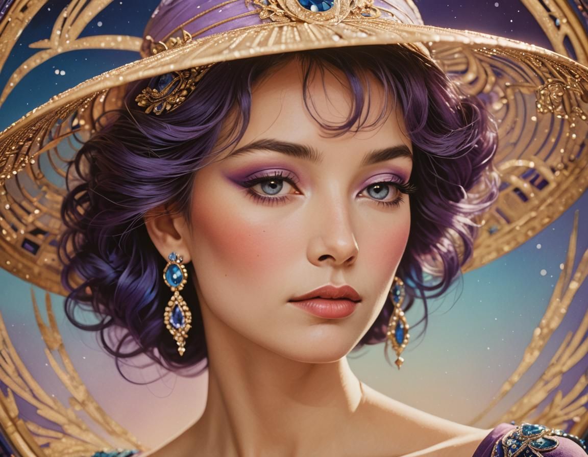 Erté Admiring a Framed Portrait, Hyperrealistic Concept Art