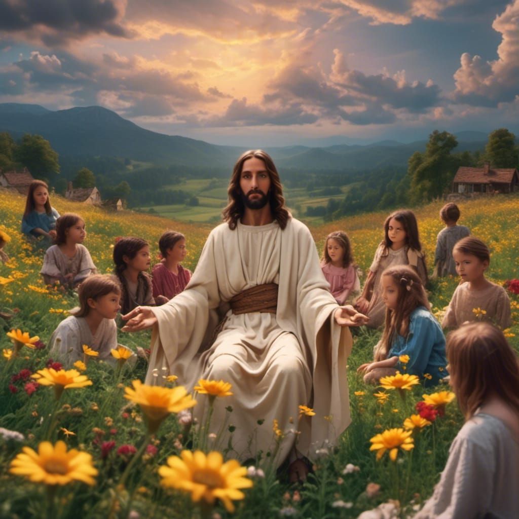 Jesus Teaching Children in a Flower Field