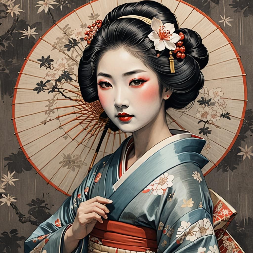 Elegant Geisha Portrait in Ukiyo-e Style