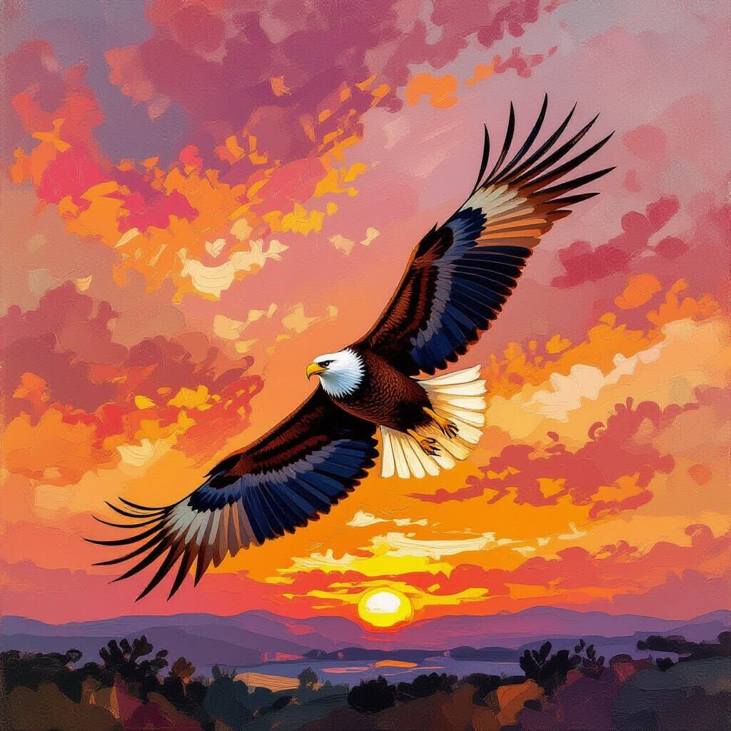 Eagle Soaring Through Impressionistic Sunset Sky