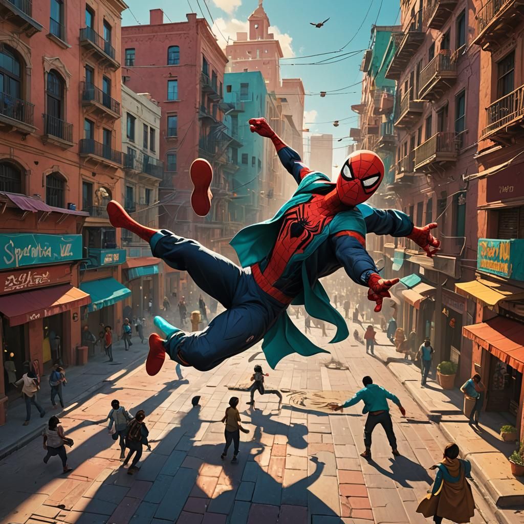 Spiderman Punches Villain in Mexican City Square