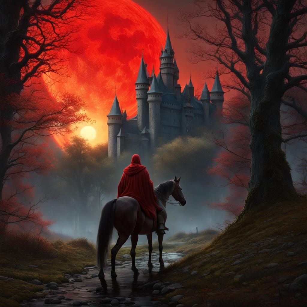 Dark Fantasy Forest With Castle and Red Sun