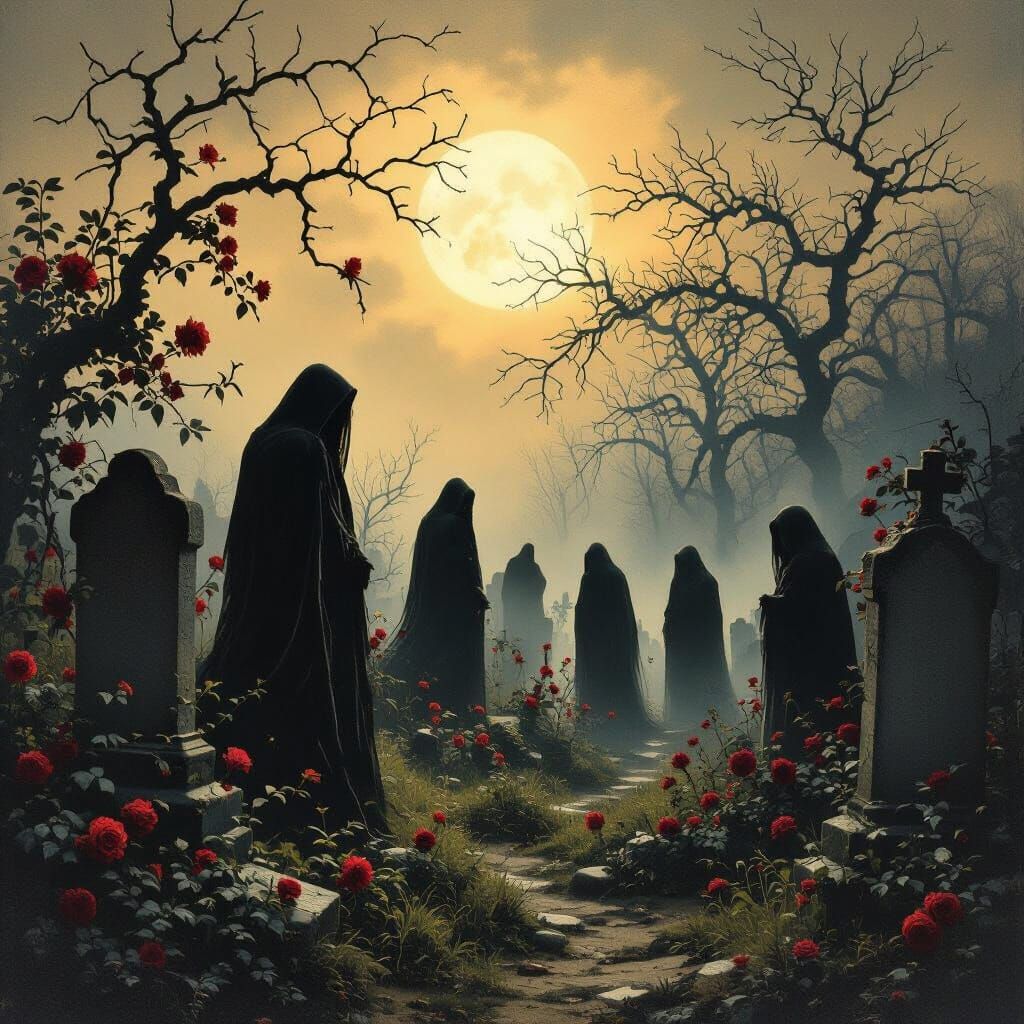 Moonlit Cemetery Garden with Ghostly Figures