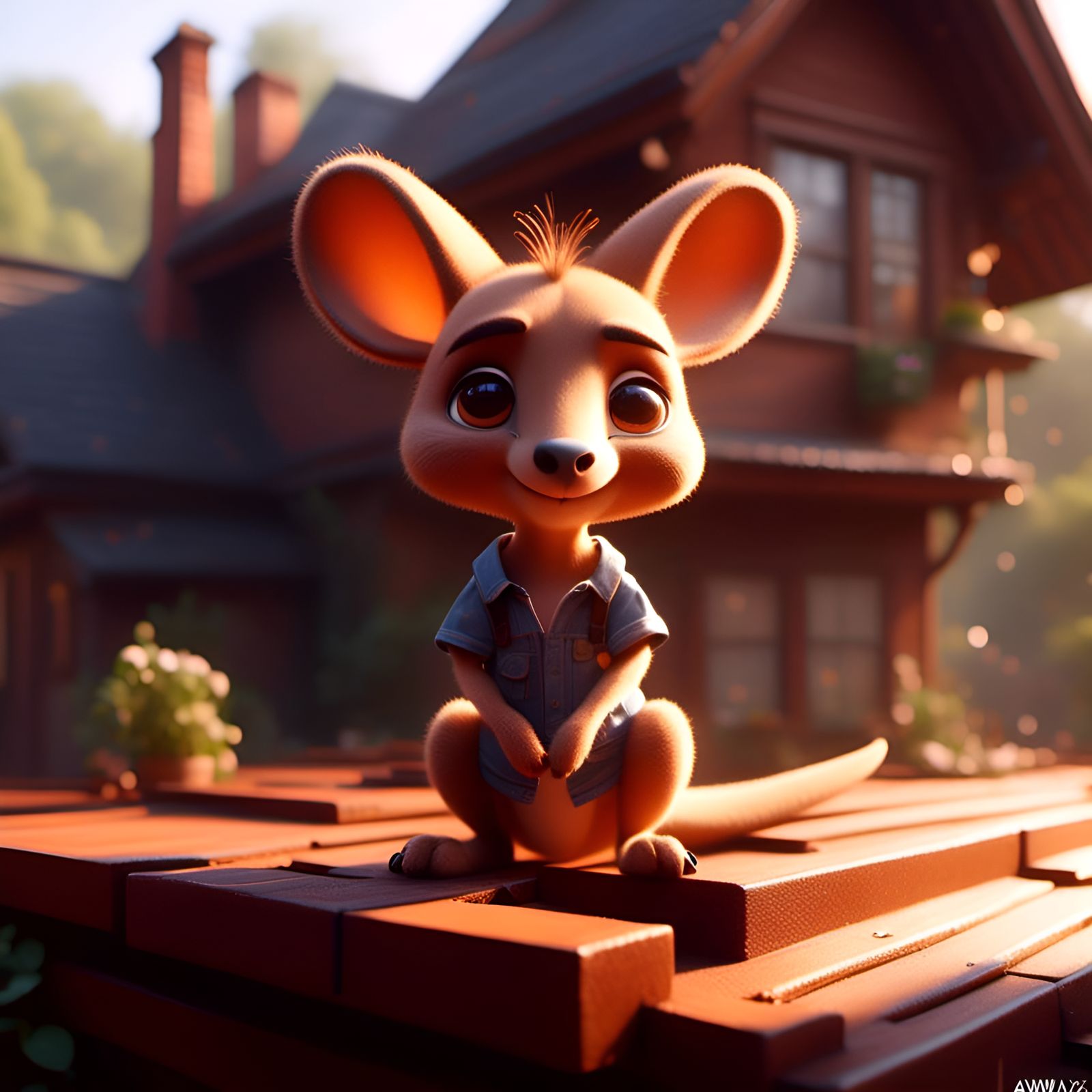 Adorable Chibi Kangaroo on Roof, Hyperreal Portrait