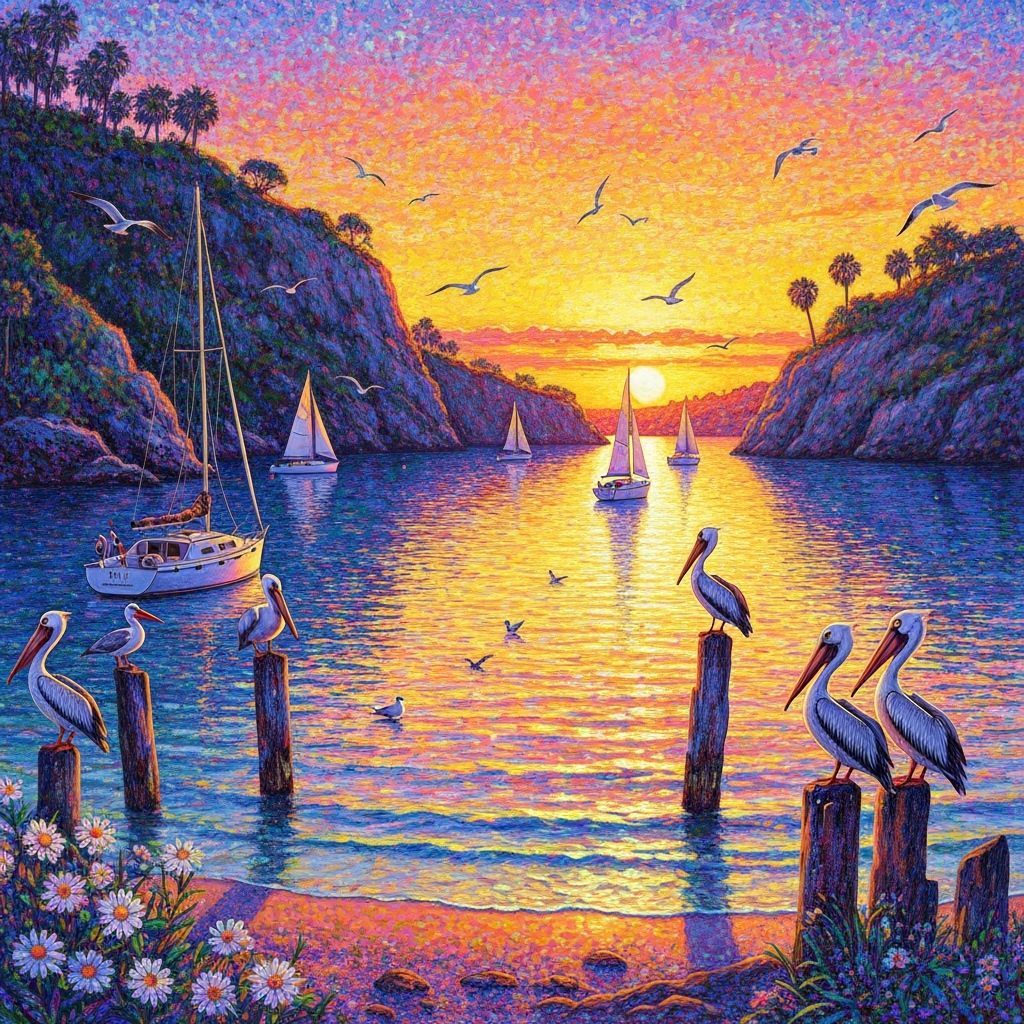 Golden Sunset Cove with Sailboats and Pelicans