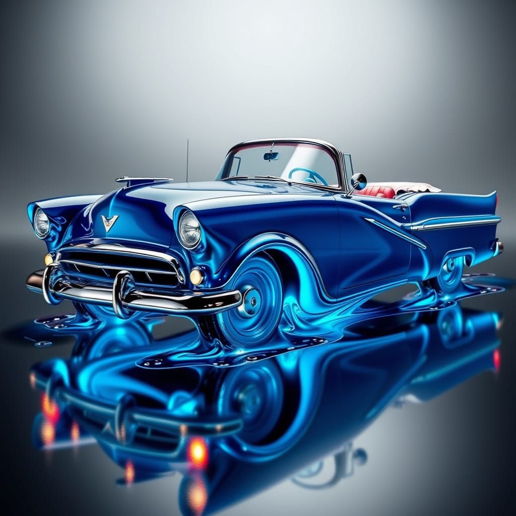 Liquid Blue 1950s Convertible in Retro-Futuristic Style
