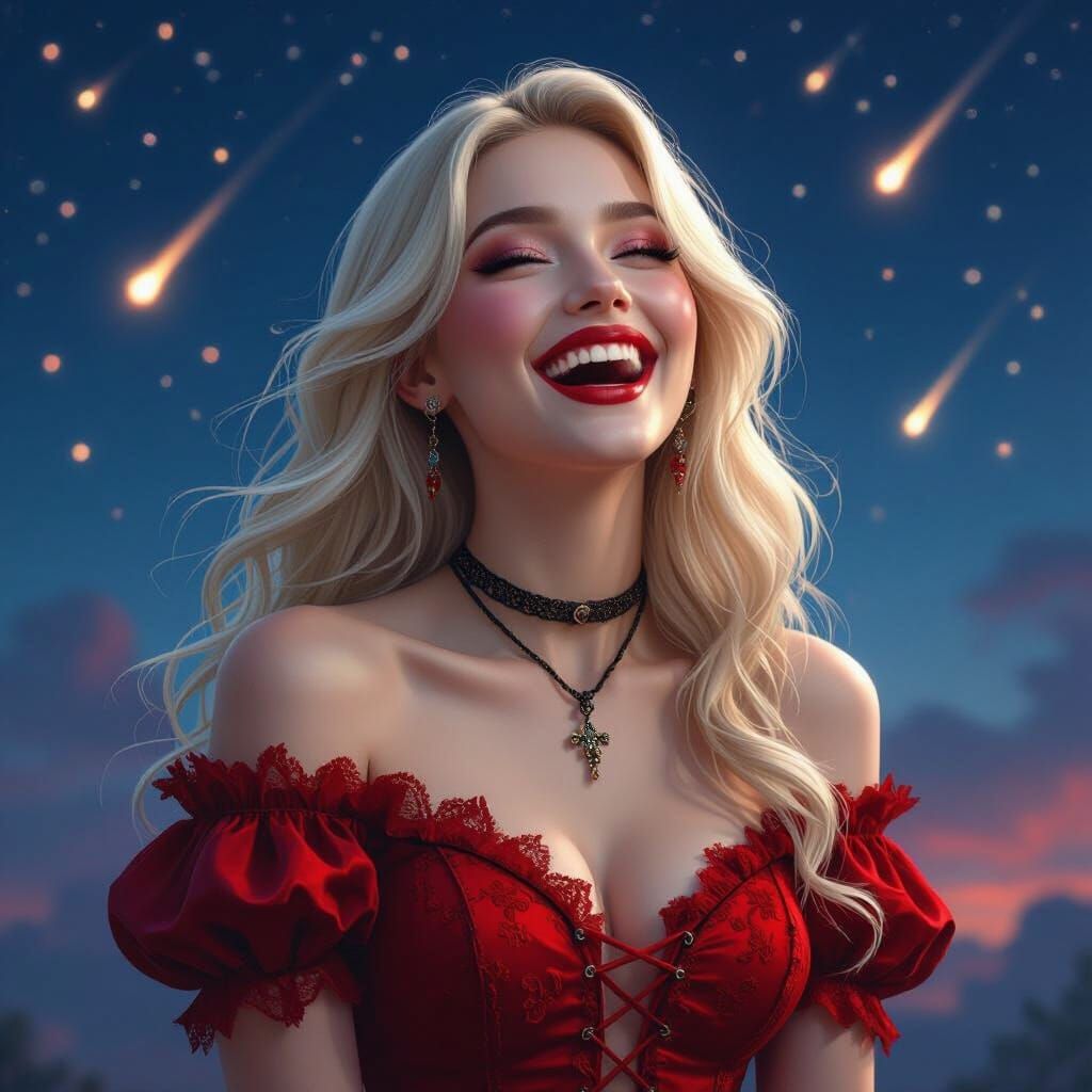 Gothic Vampire Woman Laughing Under Starry Night Sky