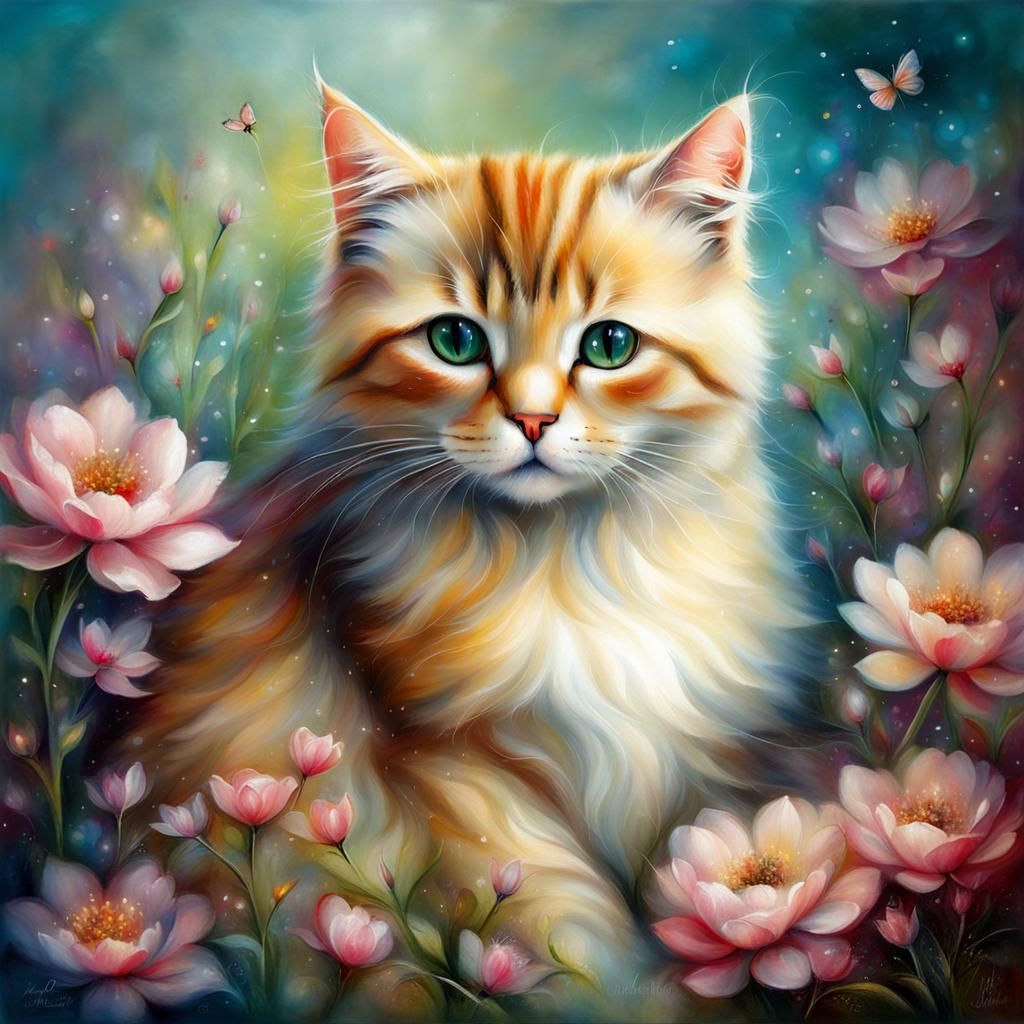 Cute Cat with Flowers in Abstract Style