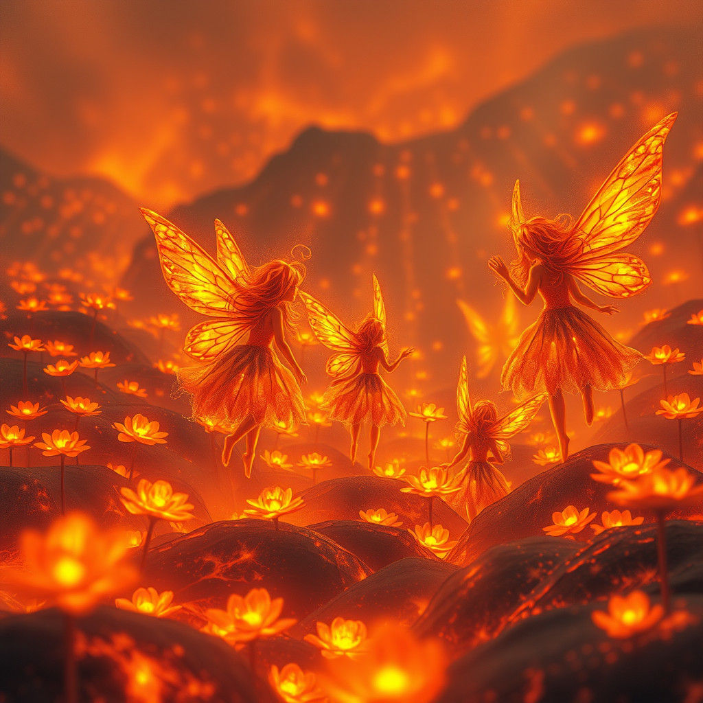 Fire Fairies in Lava Meadow with Flaming Flowers