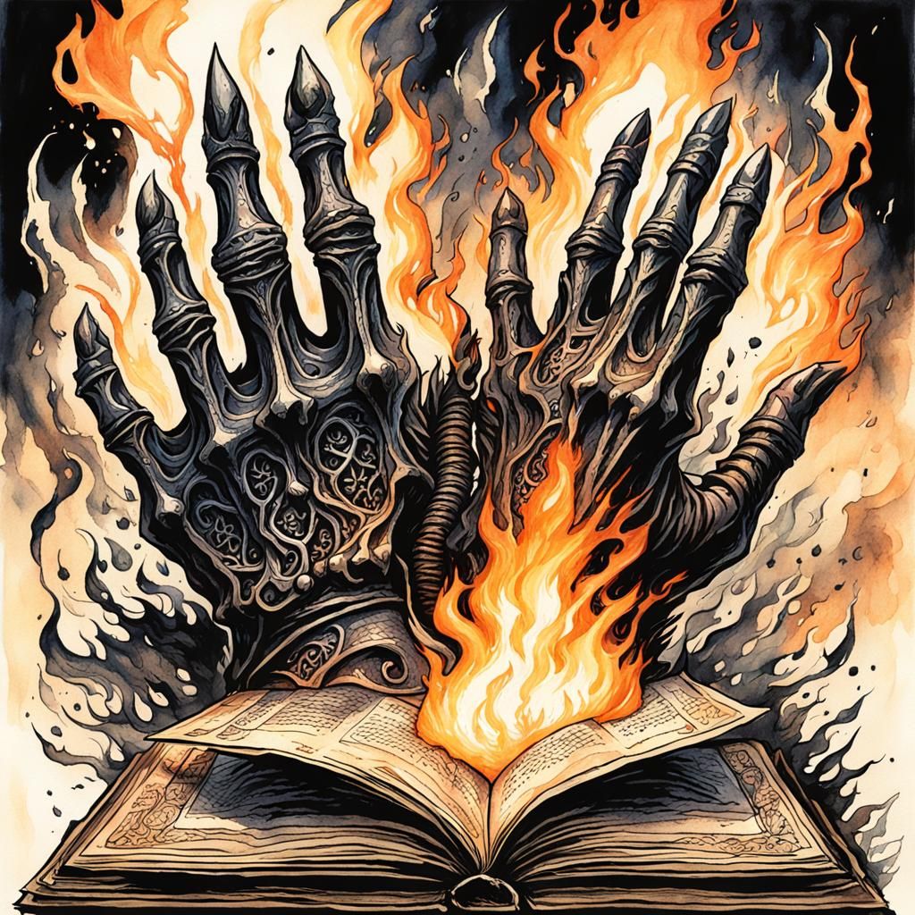 Enchanted Gothic Grimoire Burning in Black Flames