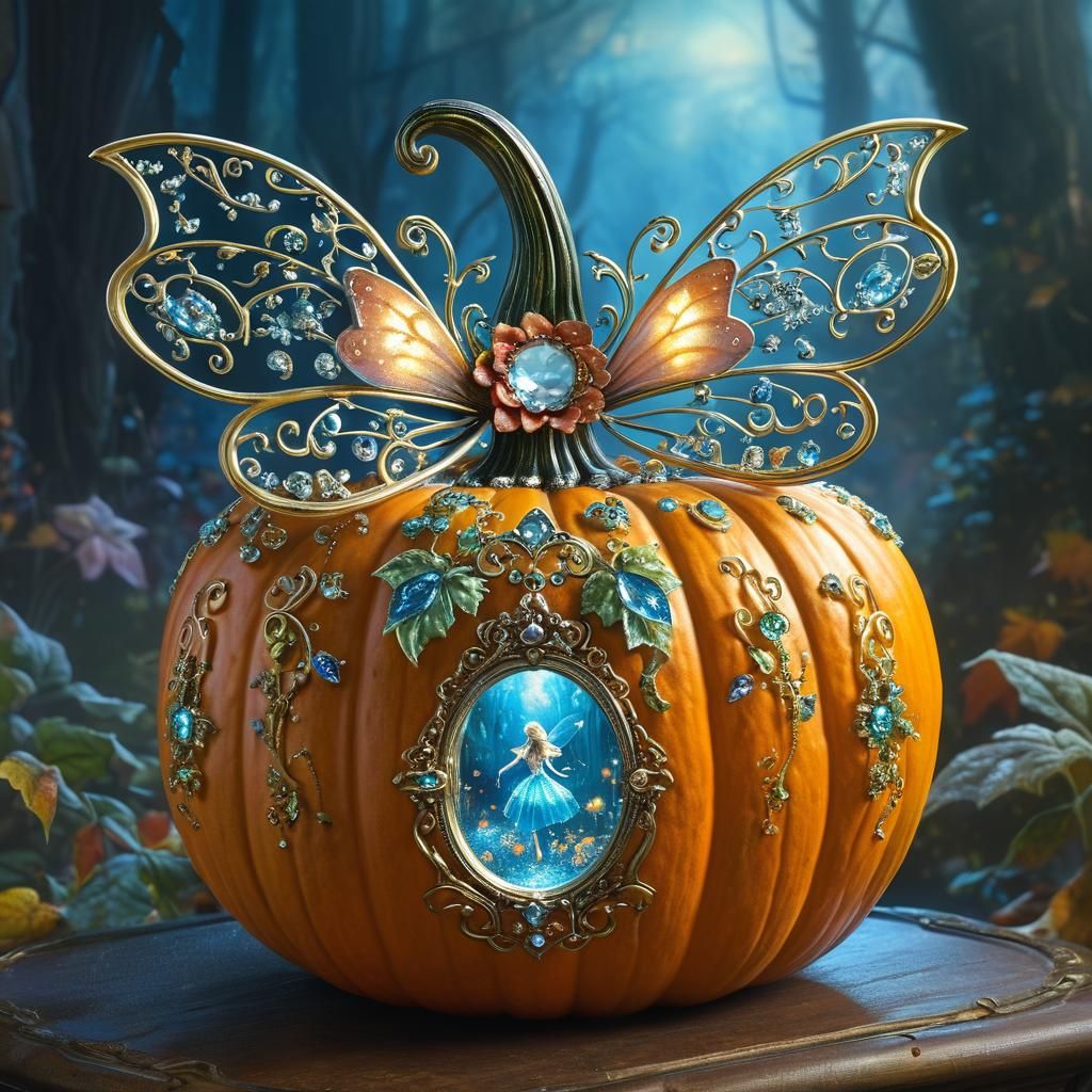 Ornate Bejeweled Pumpkin with Fairy, Ethereal Fantasy