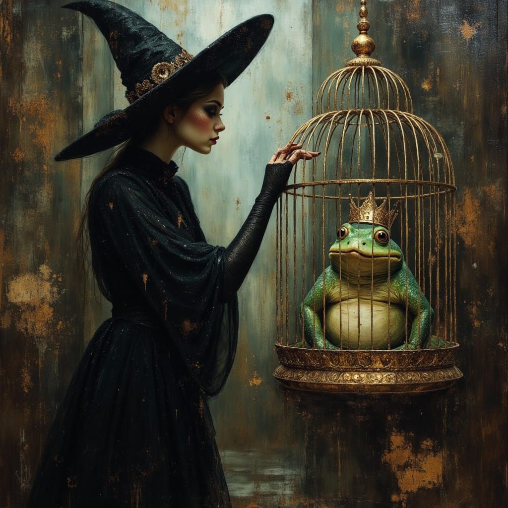 Evil Witch Mocks Frog Prince in Bird Cage