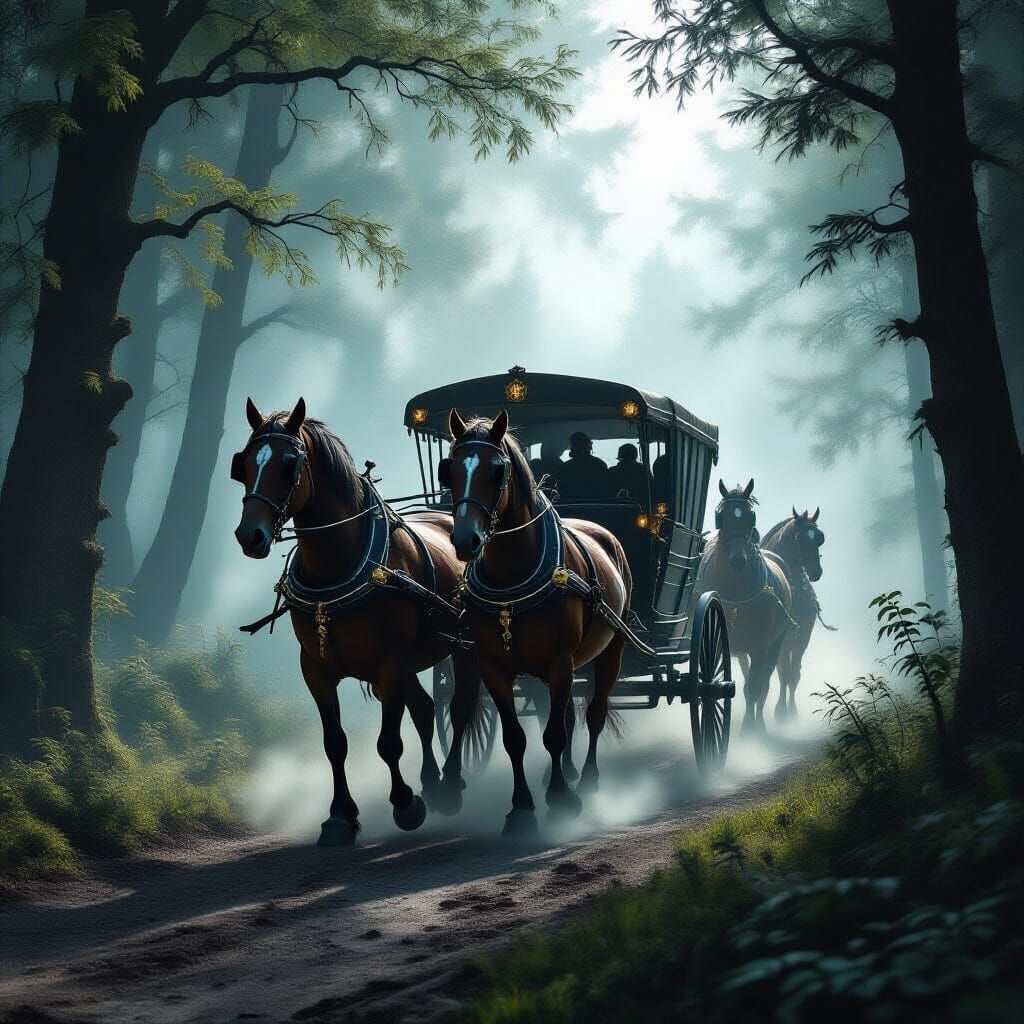 Mystical Forest Carriage Emerges in Dark Fantasy Style