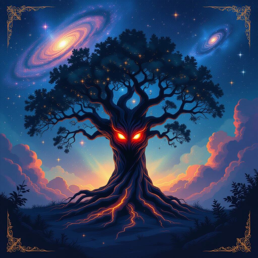 Ancient Tree in Cosmic Nebula - Vintage Travel Poster Style