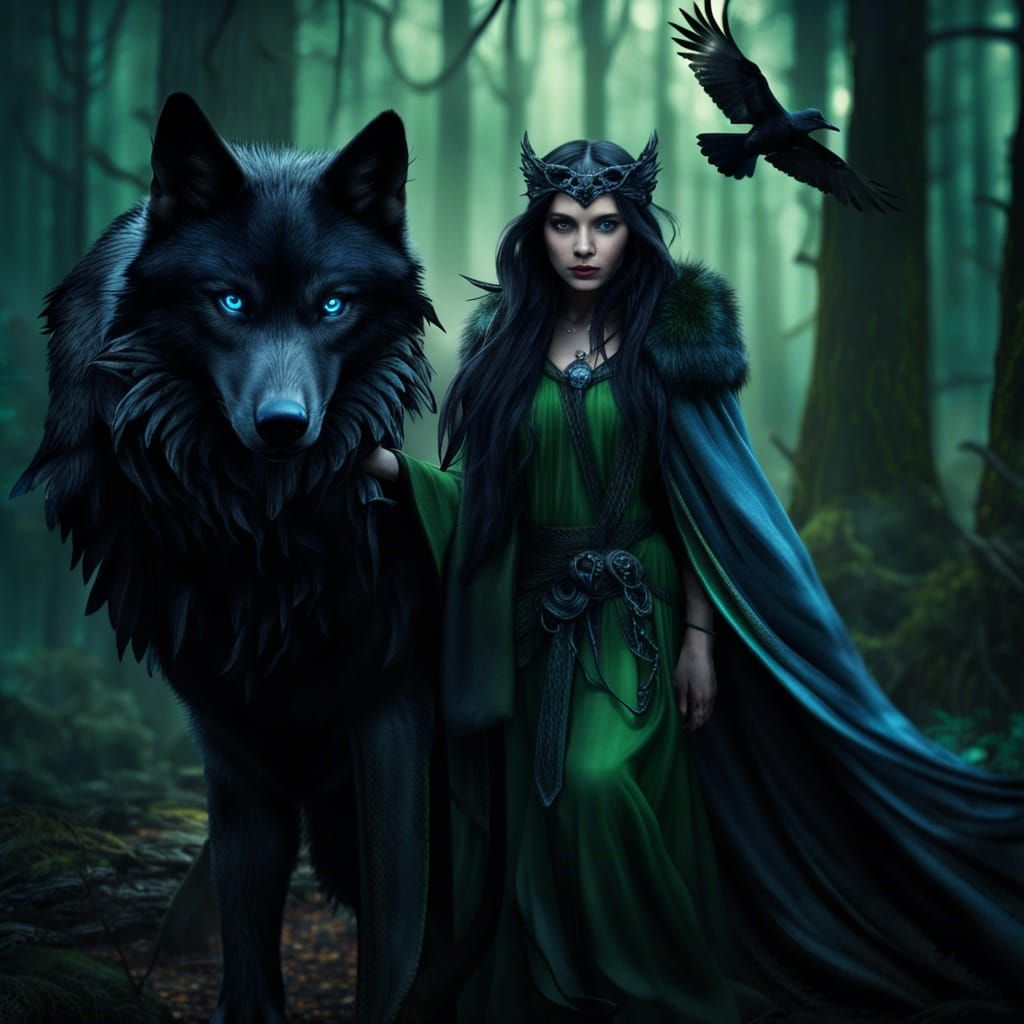 Wolf and Raven Protect Druid Girl in Dark Fantasy Woods