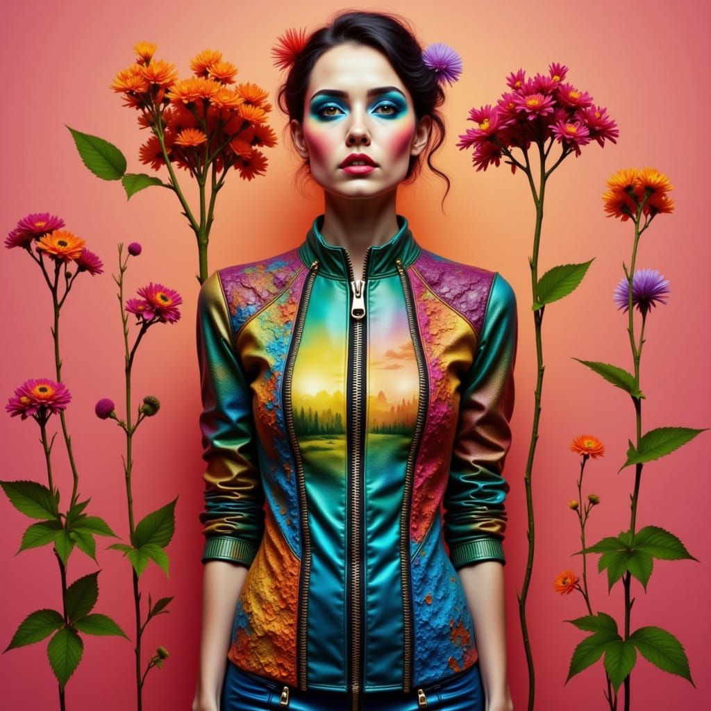 Woman in Zipper Outfit with Seasonal Sections