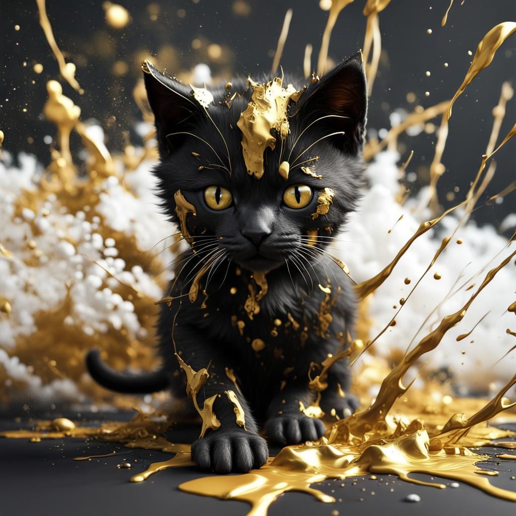Fantastical Black Kitten with Gold Splatter Paint