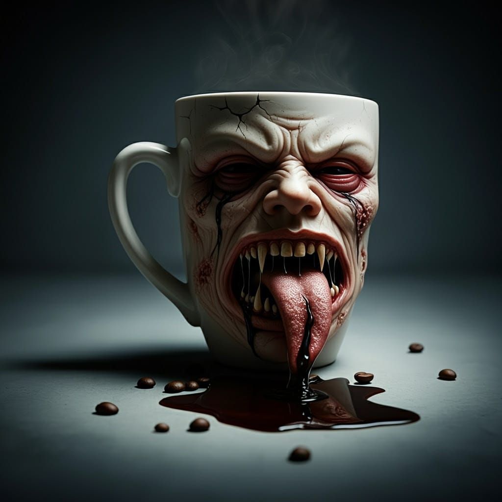 Surreal Ceramic Mug in Dark, Grotesque, Hyper-Realistic Styl...