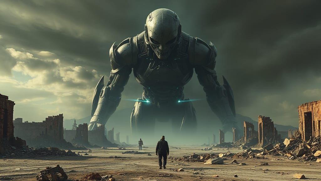 Post-Apocalyptic AI Cybernetic Entity in Surreal Landscape