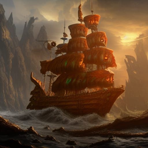 Evil Pirate Ship Sailing Through Hell