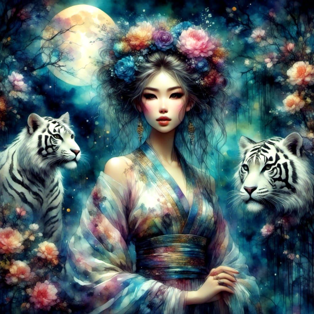 Geisha and White Tiger in Zen Garden